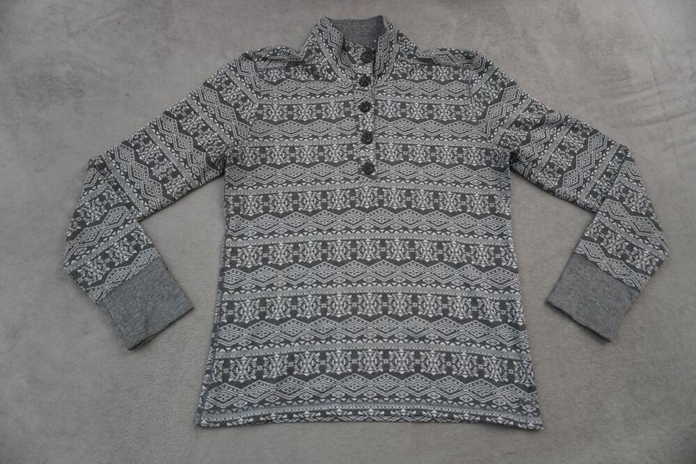 KAVU Aztec Sweater Mens Large Gray Fair Isle Mock Neck Henley Knit Long Sleeve